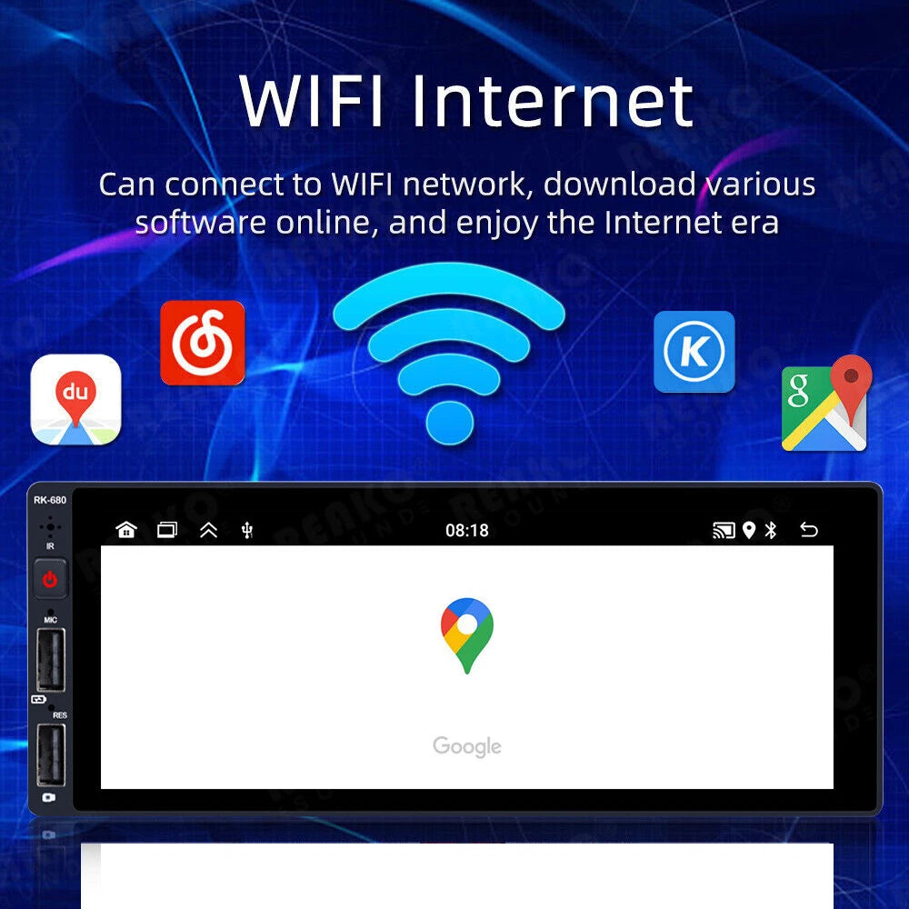 A car stereo head unit with a touchscreen display showing the Google Maps app, set against a dark blue graphic background with text advertising WIFI Internet and app icons including Google, Spotify, Kaltura, and Maps.