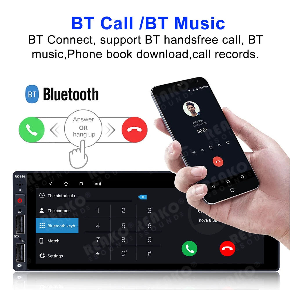 A car stereo head unit with a touchscreen display showing Bluetooth call and music interface, alongside a hand holding a smartphone demonstrating a call. Text at the top reads 'BT Call /BT Music' and describes Bluetooth connectivity and call/phone book features.