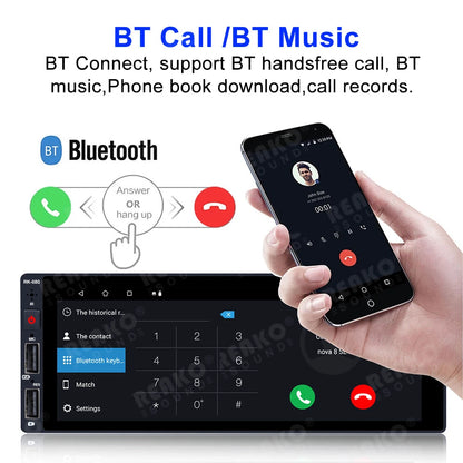 A car stereo head unit with a touchscreen display showing Bluetooth call and music interface, alongside a hand holding a smartphone demonstrating a call. Text at the top reads 'BT Call /BT Music' and describes Bluetooth connectivity and call/phone book features.