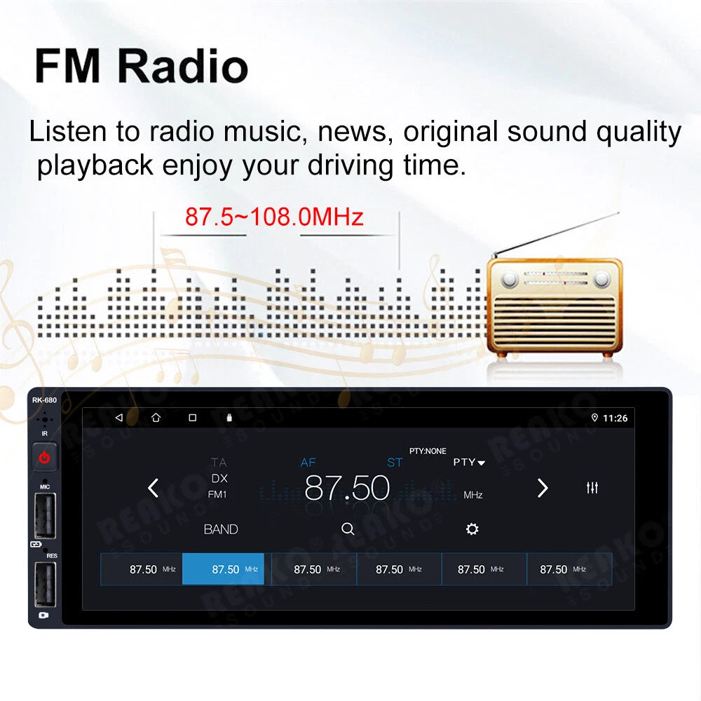 FM Radio car stereo head unit with a large black touchscreen display showing the radio interface, alongside text describing FM radio playback and a small retro radio illustration.