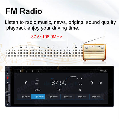 FM Radio car stereo head unit with a large black touchscreen display showing the radio interface, alongside text describing FM radio playback and a small retro radio illustration.