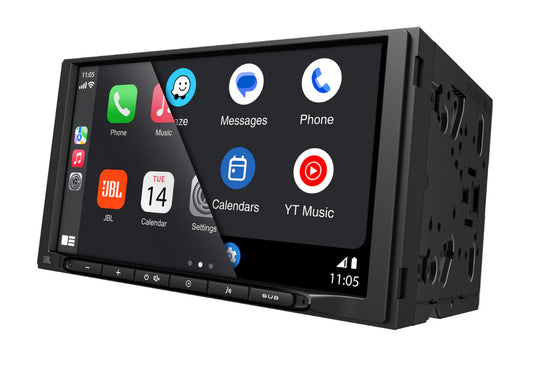 Black car stereo head unit with a touchscreen display showing Android Auto interface, including JBL and YT Music app icons, on a white background.