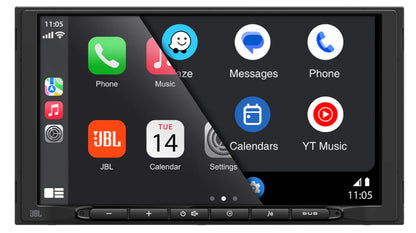 A JBL car stereo head unit with a large touchscreen display showing a customized Android automotive interface. The screen displays various app icons including JBL, Phone, Music, Messages, Calendars, and YT Music.