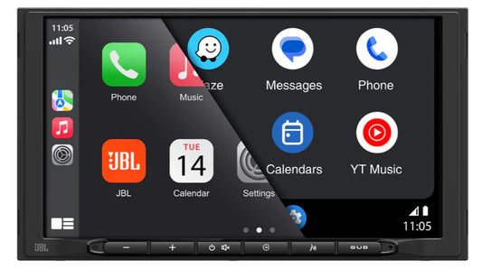 A JBL car stereo head unit with a large touchscreen display showing a customized Android automotive interface. The screen displays various app icons including JBL, Phone, Music, Messages, Calendars, and YT Music.