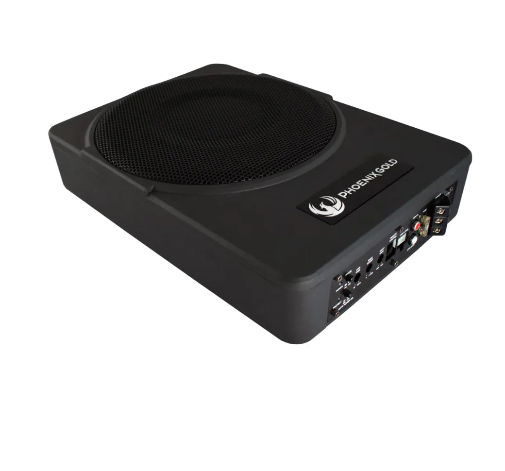 A black Phoenix God subwoofer shown at an angle on a solid white background, displaying its front speaker grille, side branding, and rear terminal connections.