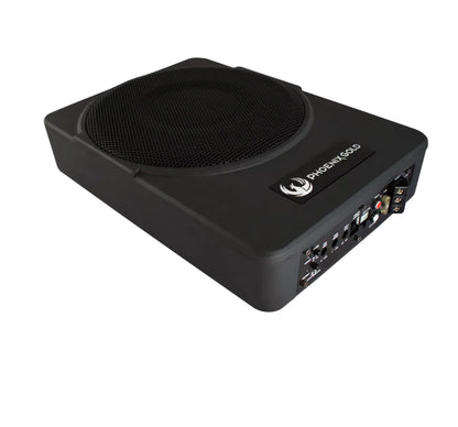 A black Phoenix God subwoofer shown at an angle on a solid white background, displaying its front speaker grille, side branding, and rear terminal connections.